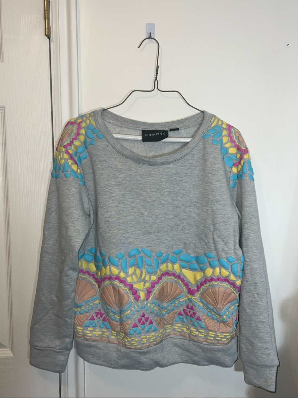 MINKPINK Gray Sweatshirt with Blue, Yellow & Pink Accents